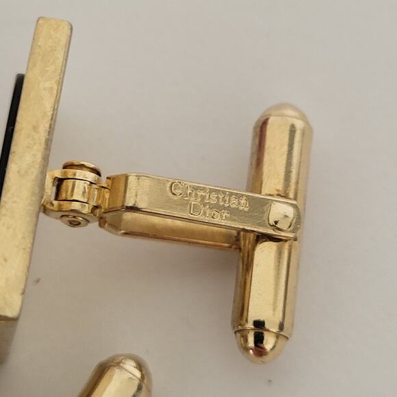 Christian Dior Gold Black Tone Logo Cufflinks Vintage Germany Rectangle Designer - Picture 4 of 6